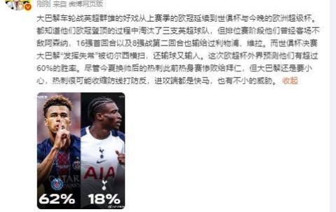 詹俊：热刺进攻端快马威胁不小，巴黎虽外界预测胜率更高但要小心