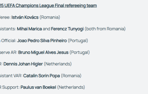 欧冠决赛巴黎VS国米裁判安排出炉 罗马尼亚名哨执法