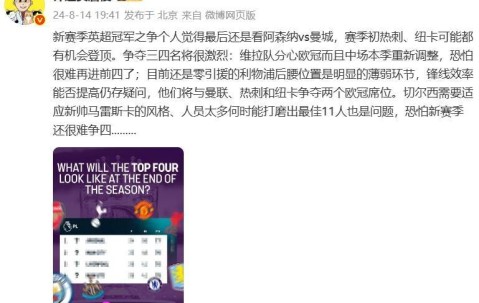 准不准？詹俊曾预测阿森纳与曼城争冠，利物浦与曼联、热刺争欧冠