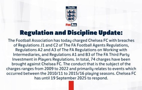 英足总官方：对切尔西提起74项财务指控 需9月19日前作出回应